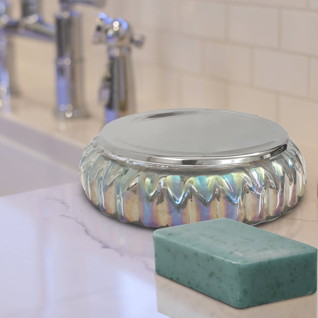 Glass Soap Dish for Bathroom Counter,Shower & Kitchen | Rainbow Lustre Finish.