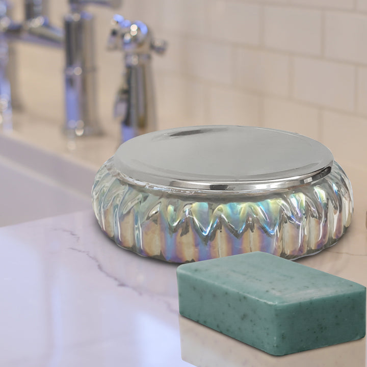 Glass Soap Dish for Bathroom Counter,Shower & Kitchen | Rainbow Lustre Finish.