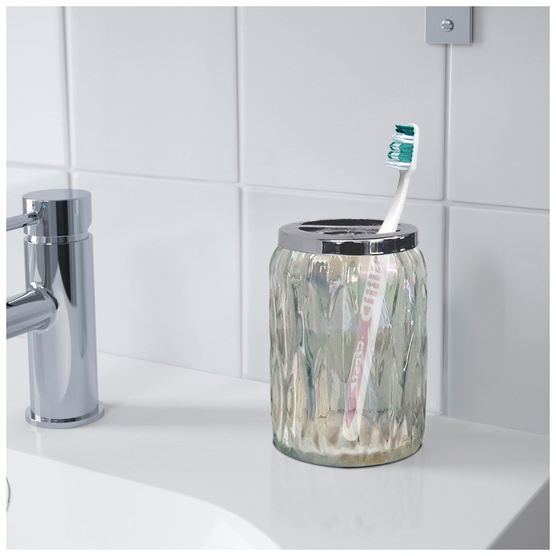 Glacier Toothbrush Holder | Compact Multi Slot Holder for Toothbrushes, Razors & Makeup Accessories  | Glass Rainbow Lustre