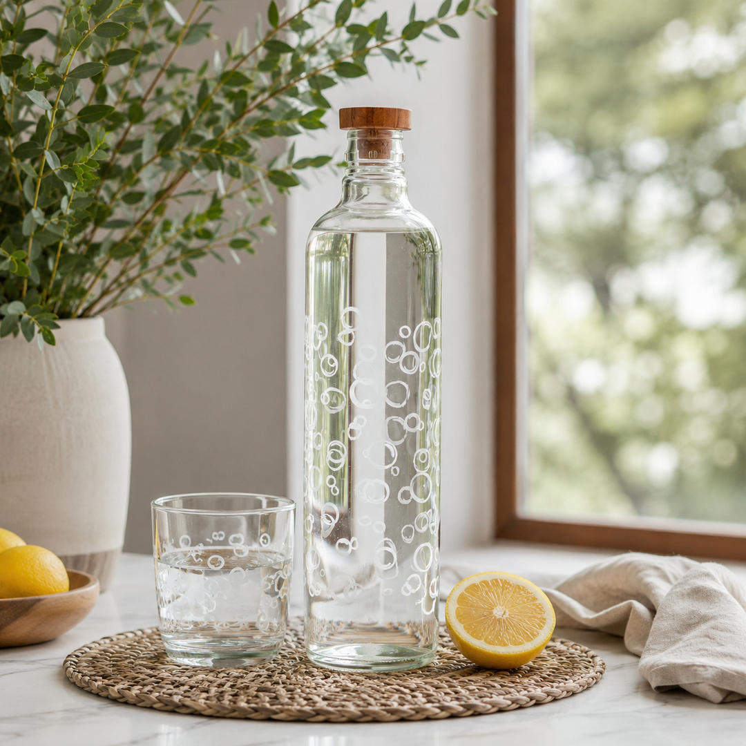 Bubbles Glass Water Bottle | Bubble Texture Bottle with Wooden Stopper