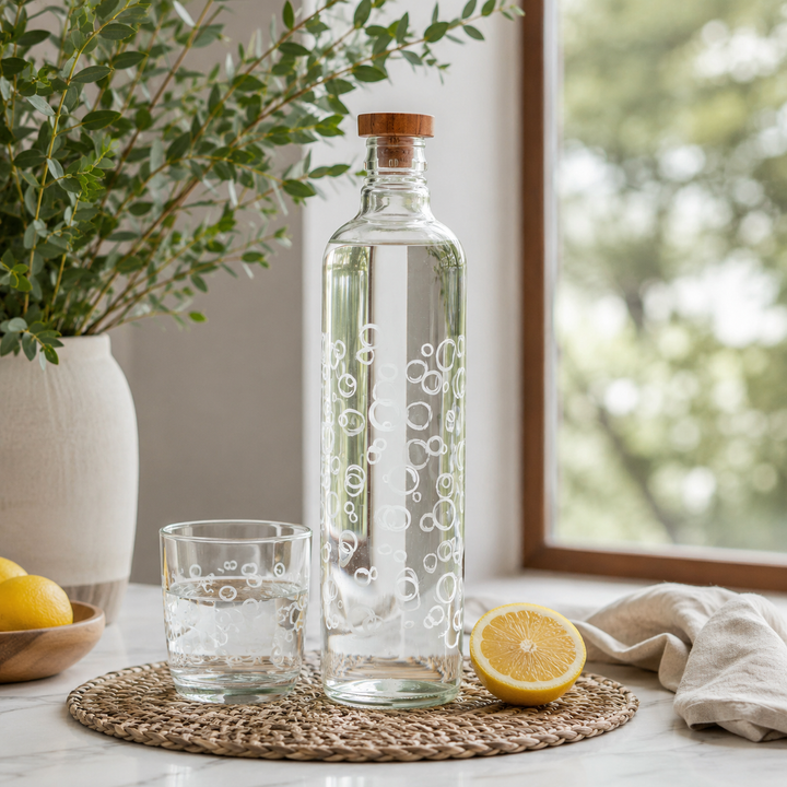 Bubbles Glass Water Bottle | Bubble Texture Bottle with Wooden Stopper