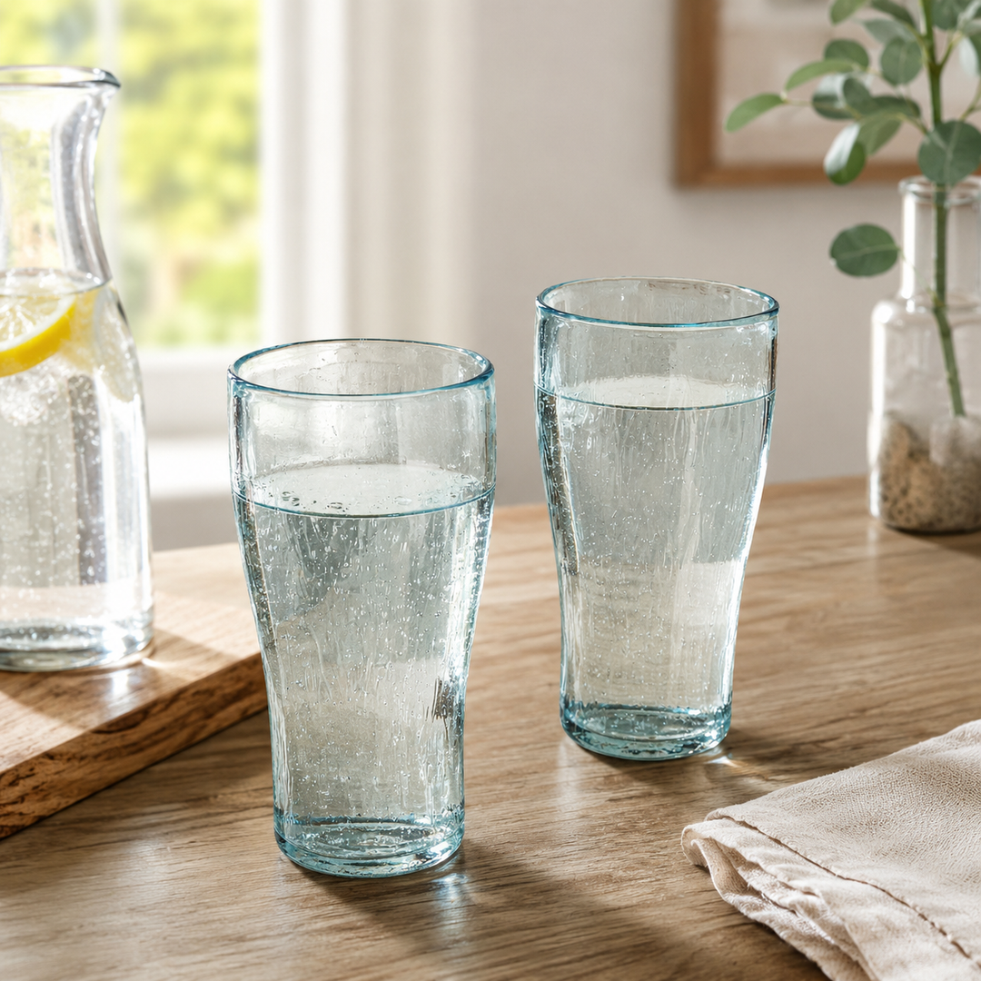 Glass Tumbler Set of 2| Mouth Blown Light Blue Drinkware