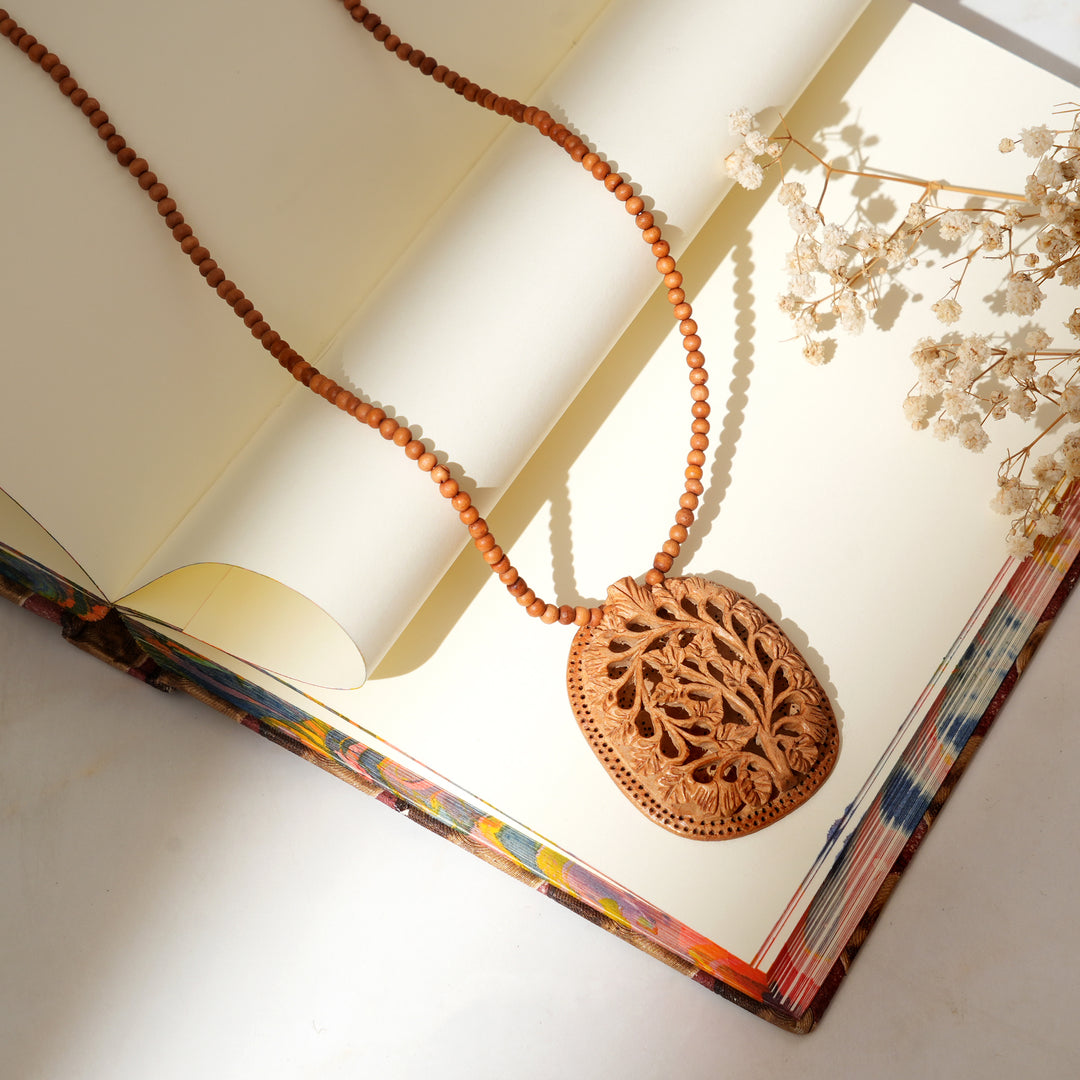 Kadam Wood Carved Pendant | Single Side Undercut Design Natural Necklace
