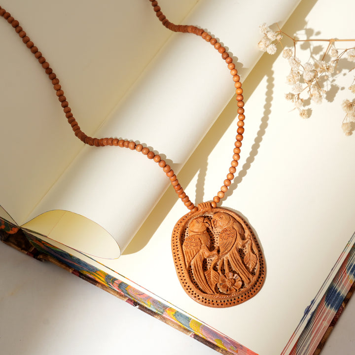 Kadam Wood Two Loving Parrots Pendant | Handcarved Romantic Bird Necklace