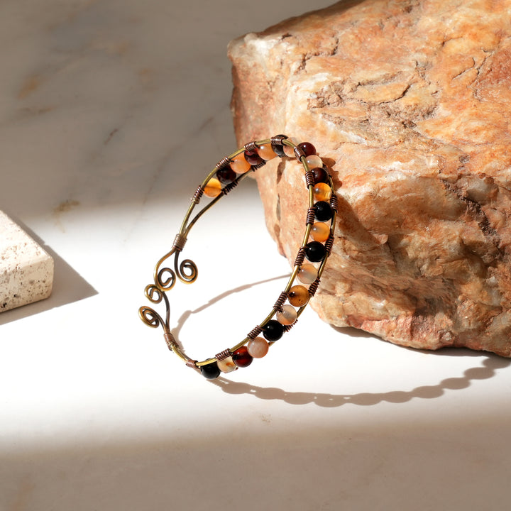 Artisan Bangle | Brass & Copper with Natural Stone Inlay | Handmade Boho Bracelet