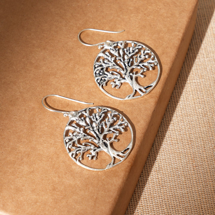 Silver-Plated Tree of Life Earrings | Handcrafted Brass Accessory