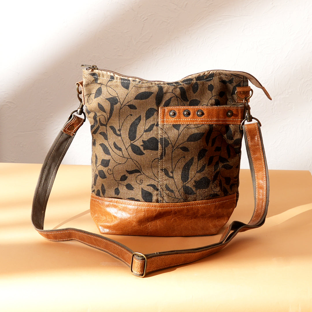 Canvas Leaf Print Sling Bag | Trendy Daily Companion with Tan Leather Handles