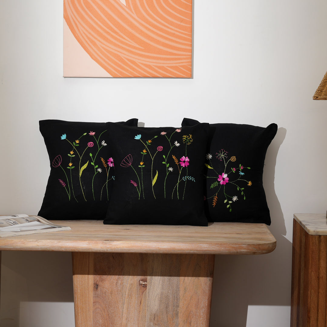Black Cotton Pillow Cover with Multicolour Embroidery | Handcrafted Elegance for Modern Homes