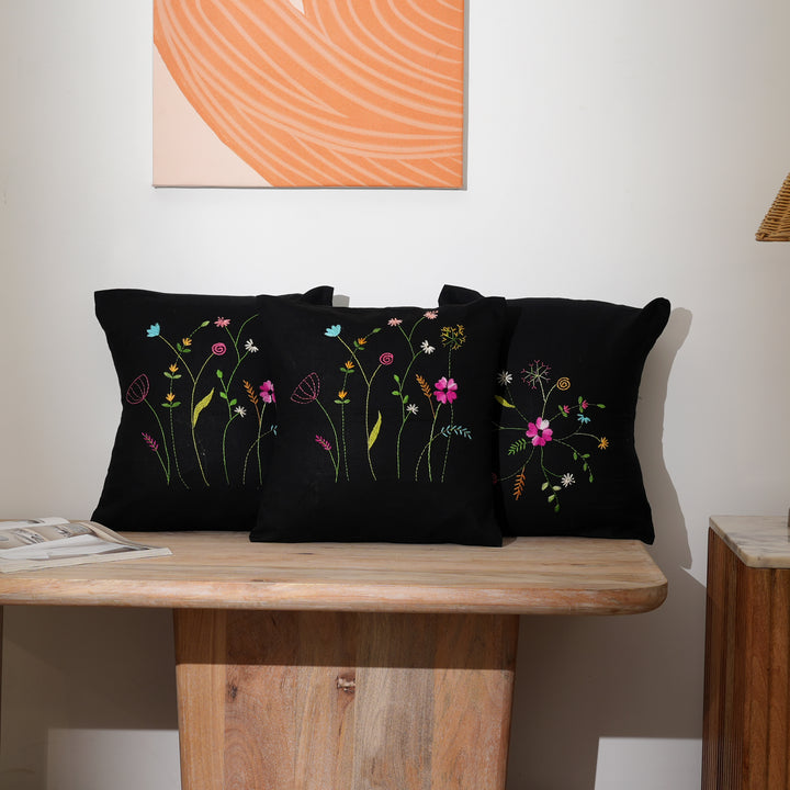 Black Cotton Pillow Cover with Multicolour Embroidery | Handcrafted Elegance for Modern Homes