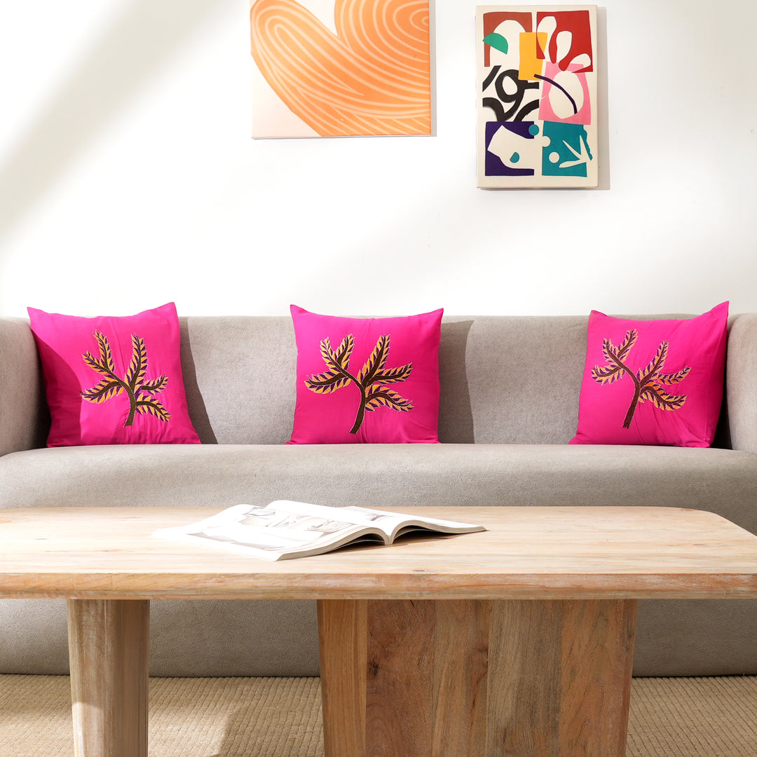 Pink Cotton Pillow Cover with Multicolour Embroidery | Handcrafted Elegance for Modern Homes