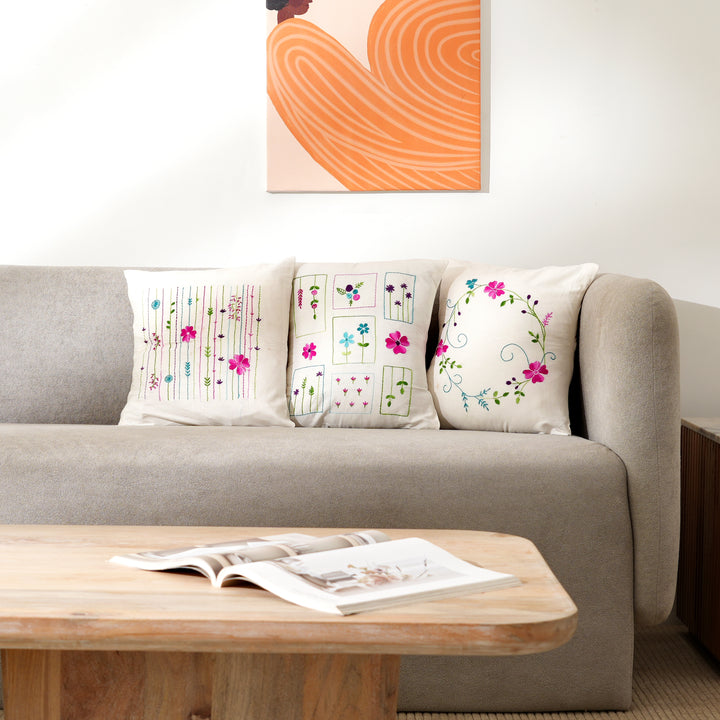 White Cotton Pillow Cover with Multicolour Embroidery | Handcrafted Elegance for Modern Homes