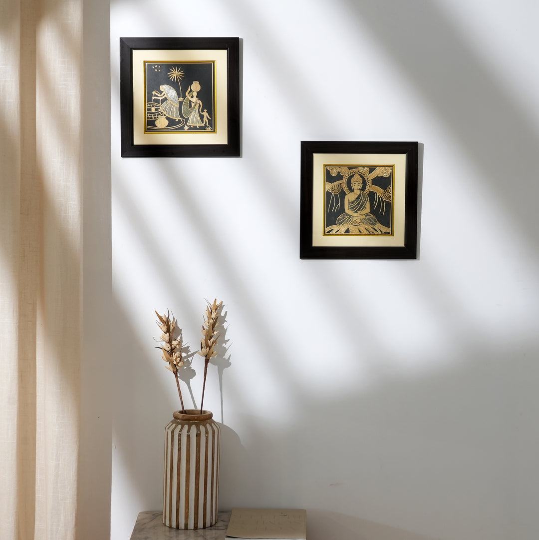 Handcrafted Framed Sikki Grass Painting of Lord Buddha | Golden & Black