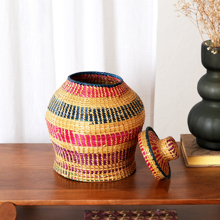 Handcrafted Sikki Grass Utility Container | Multicolor