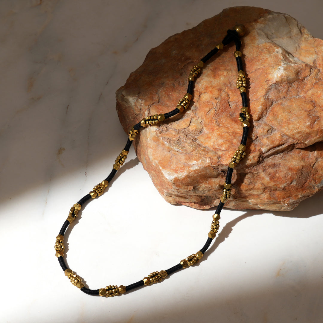 Tribal Brass Cotton Thread Necklace | Handmade Beaded Ethnic Jewelry Set