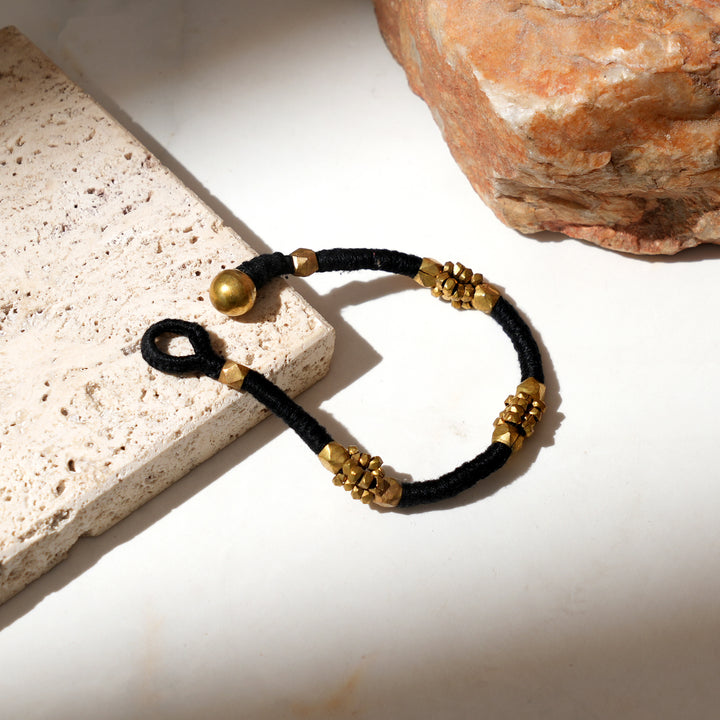 Tribal Brass Cotton Bracelet | Handmade Beaded Ancient Pattern Jewelry