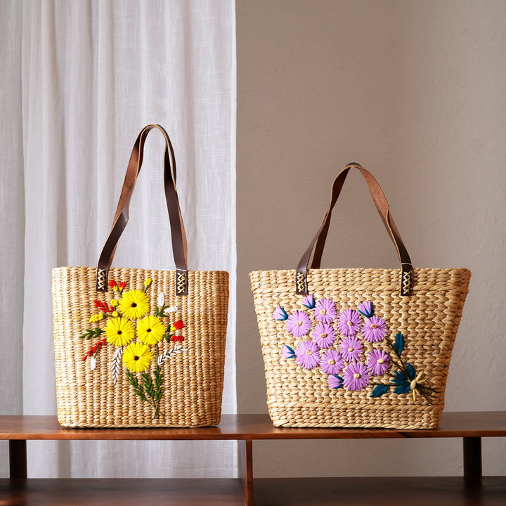 Handcrafted Kauna Reed Tote Bag | Floral Embroidery & Lined Comfort