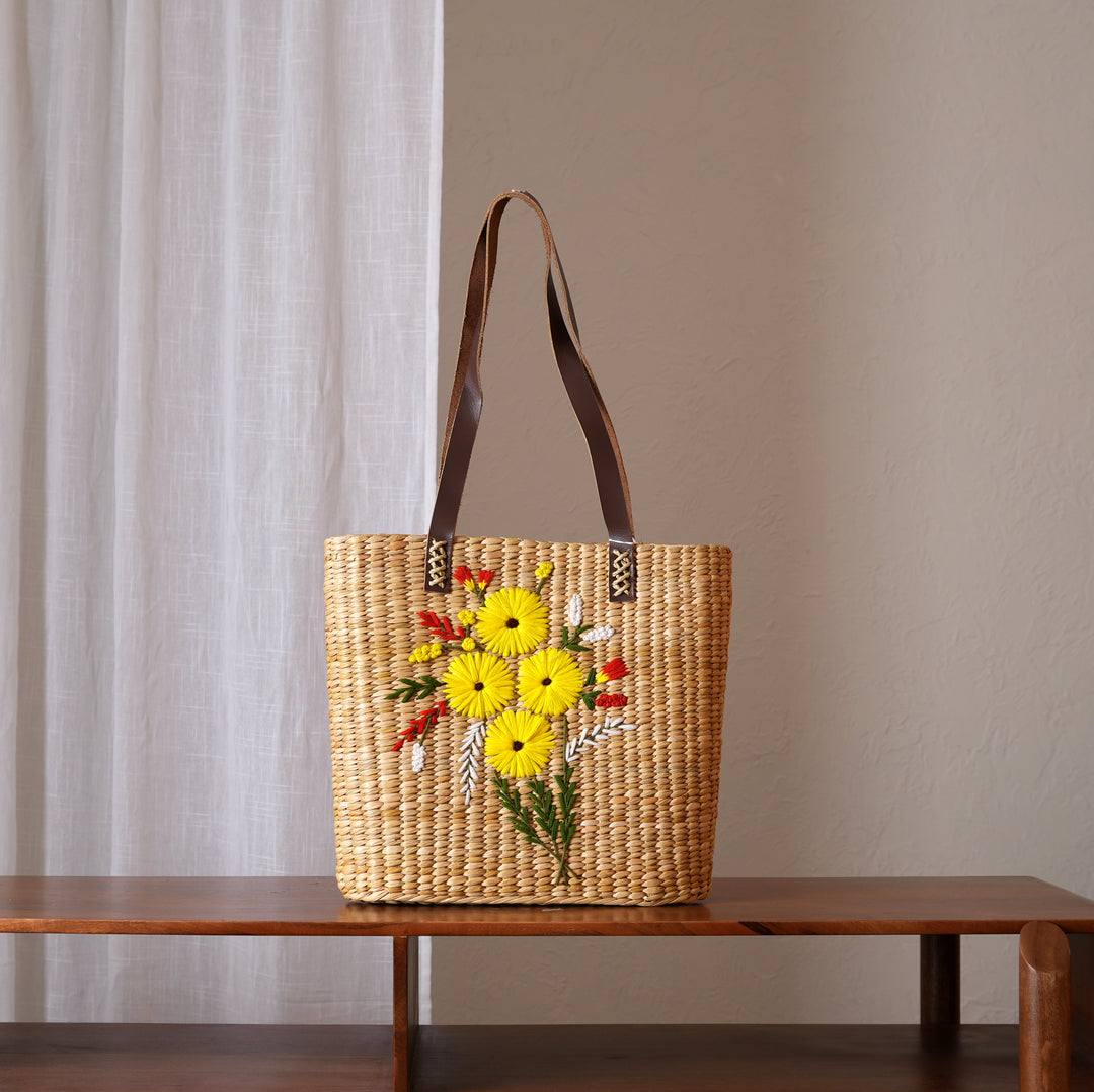 Handcrafted Kauna Reed Tote Bag | Floral Embroidery & Lined Comfort