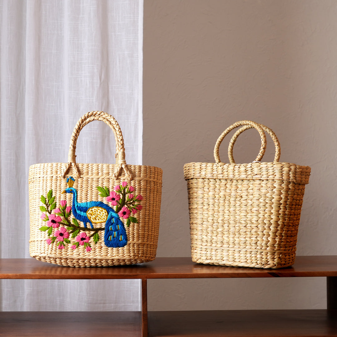 Artisan Water Reed Basket | Handwoven Tote for Storage & Decor