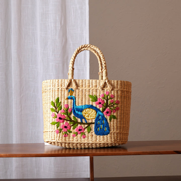 Embroidered Water Reed Handbag | Handwoven Reed Tote with Traditional Motifs
