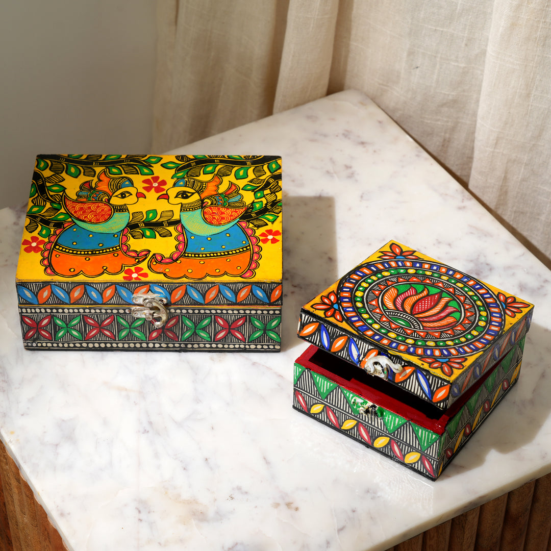 Madhubani Folk Art Jewelry Box | Handpainted MDF Wooden Storage Box