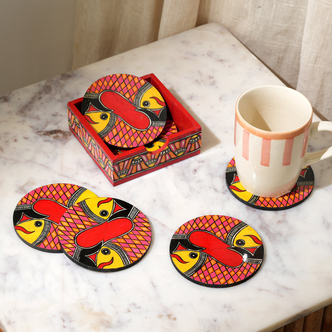 Madhubani Fish Coaster Set | 6 Handpainted MDF Coasters with Stand