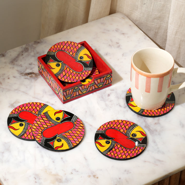 Madhubani Fish Coaster Set | 6 Handpainted MDF Coasters with Stand