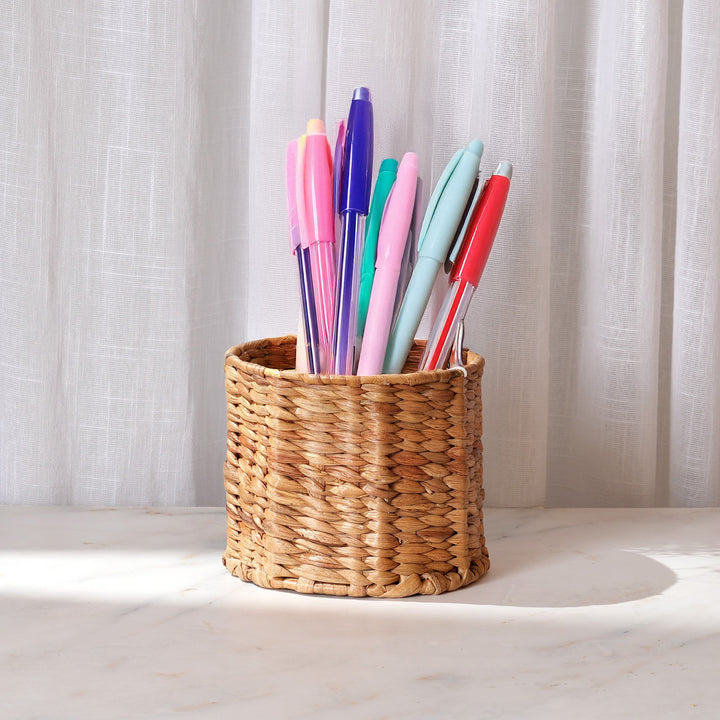 Handwoven Water Hyacinth Pen Stand | Natural Beige Organizer