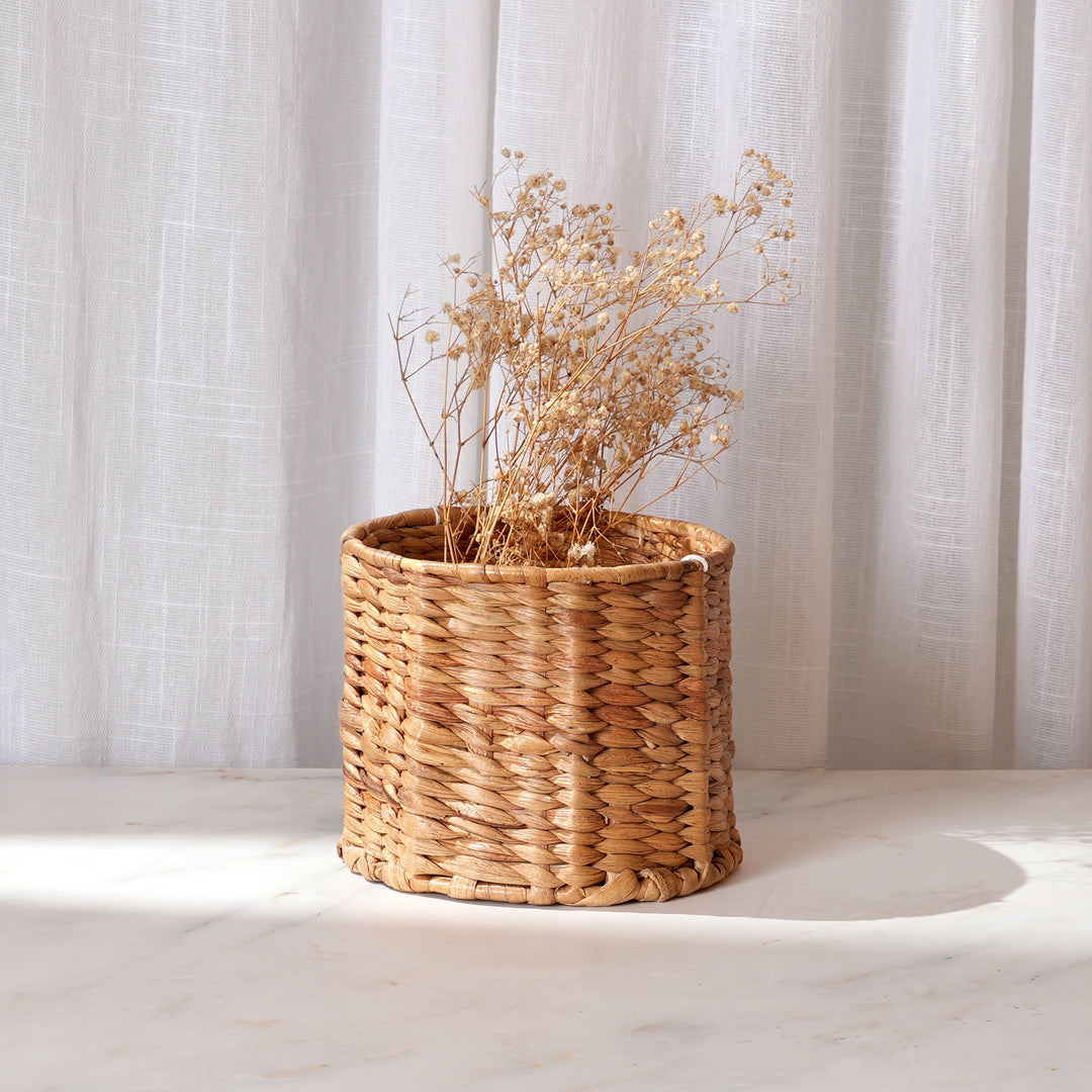 Handwoven Water Hyacinth Pen Stand | Natural Beige Organizer