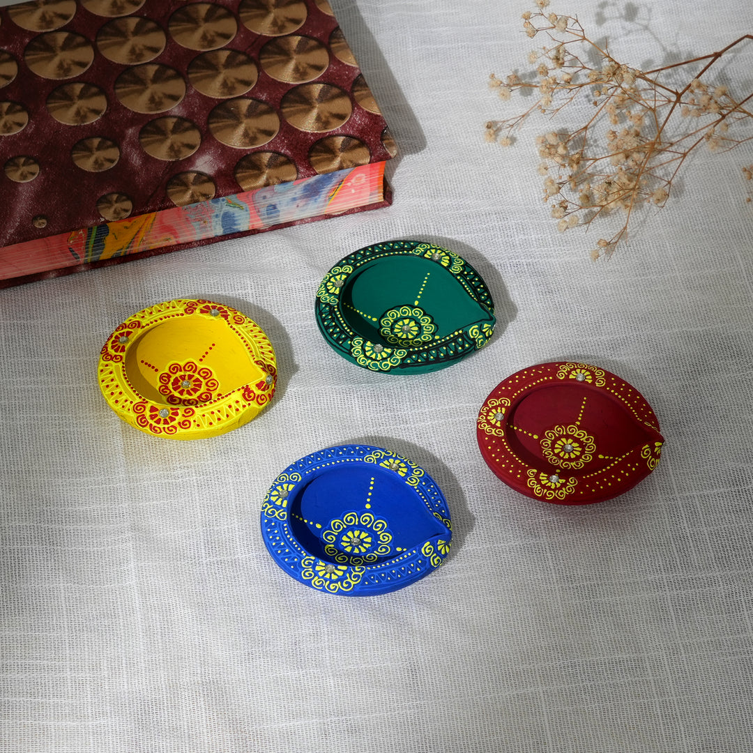 Handcrafted Terracotta Diya Set | 4 Piece Flat Oil Lamps for Diwali & Pooja