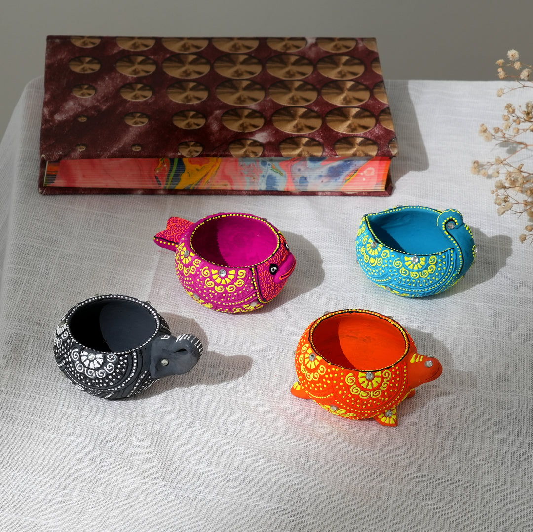 Terracotta Animal Shaped Diya Set | Decorative 4 Piece Oil Lamp