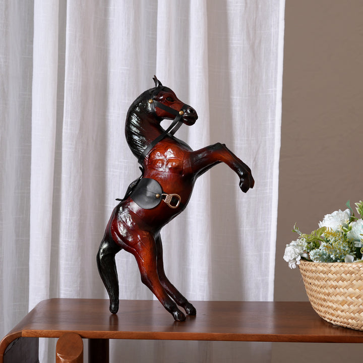 Handcrafted Leather Jumping Horse Sculpture | Equestrian Art for Rustic Decor
