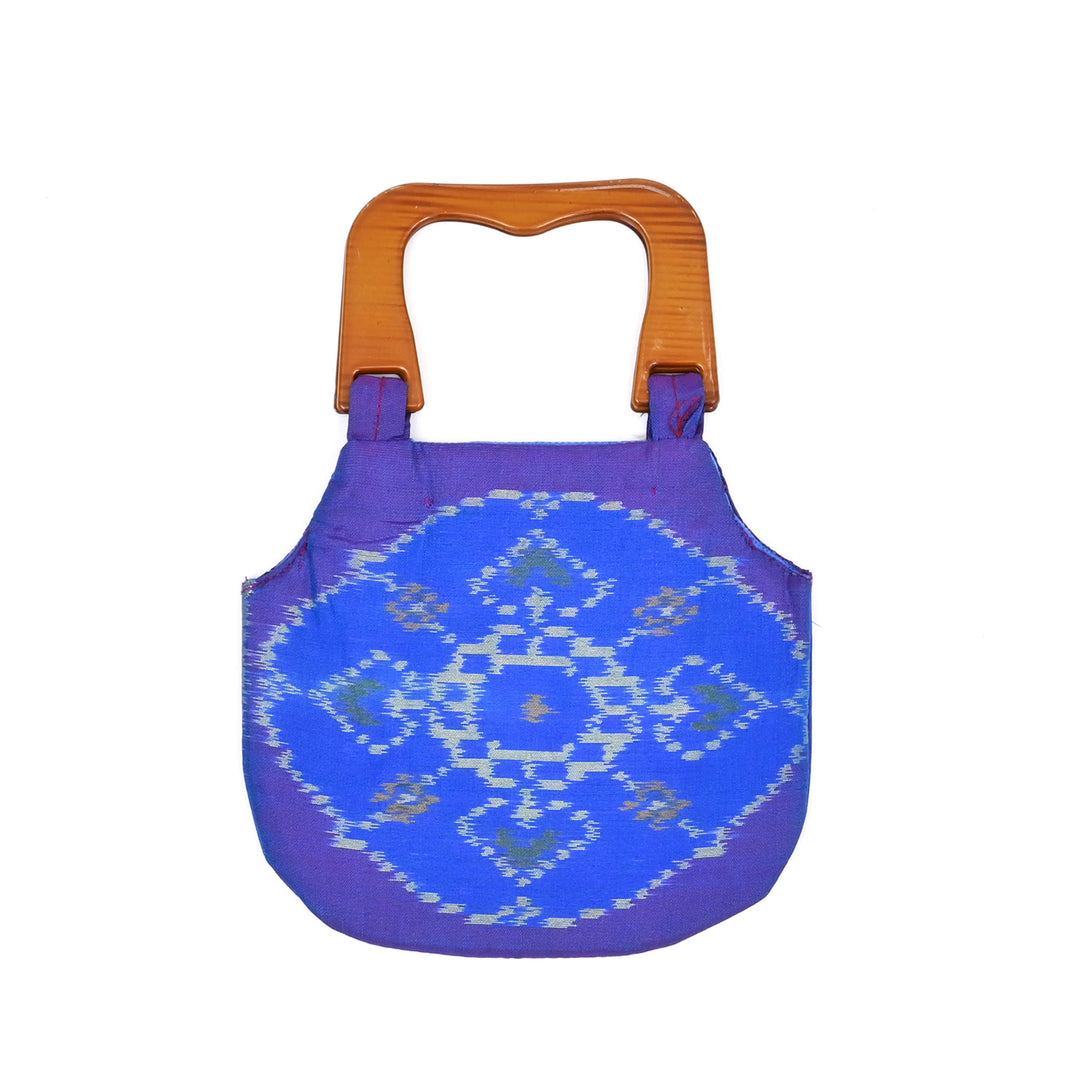 Handcrafted Ikat Blue Carry Bag with Wooden Handle | Traditional Elegance in a Modern Form