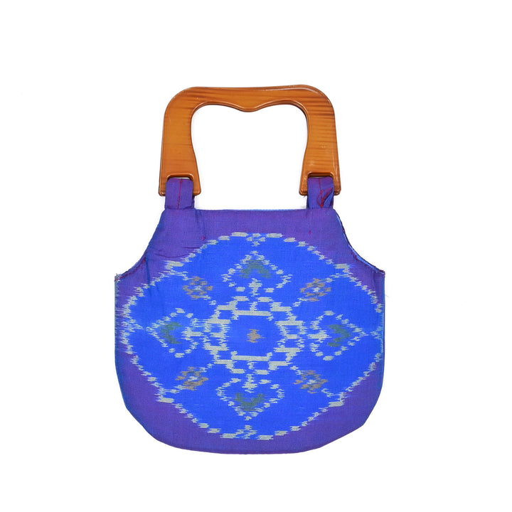 Handcrafted Ikat Blue Carry Bag with Wooden Handle | Traditional Elegance in a Modern Form