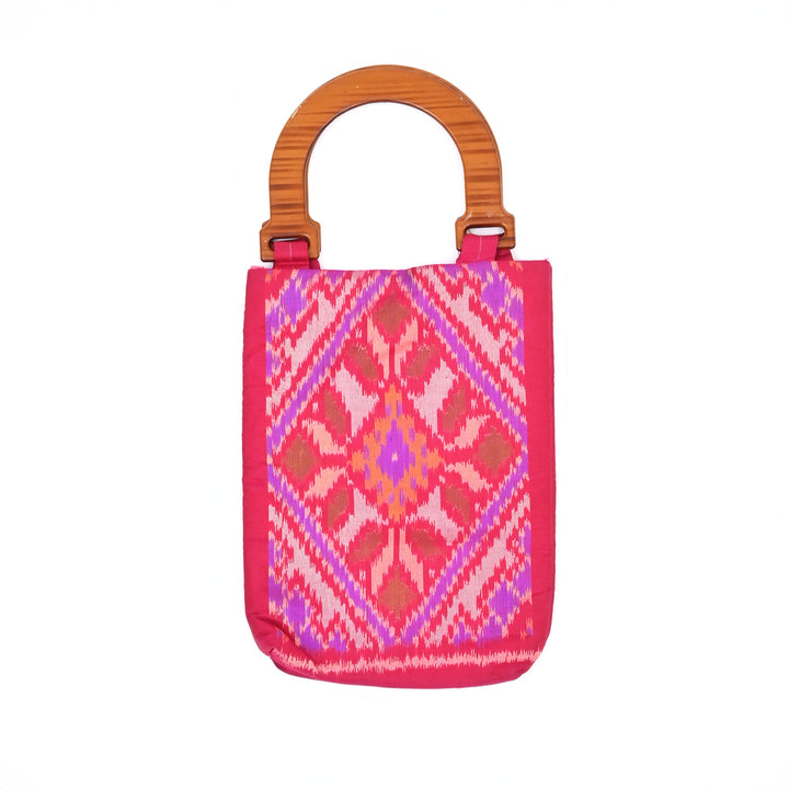 Handcrafted Ikat Blue Carry Bag with Wooden Handle | Traditional Elegance in a Modern Form