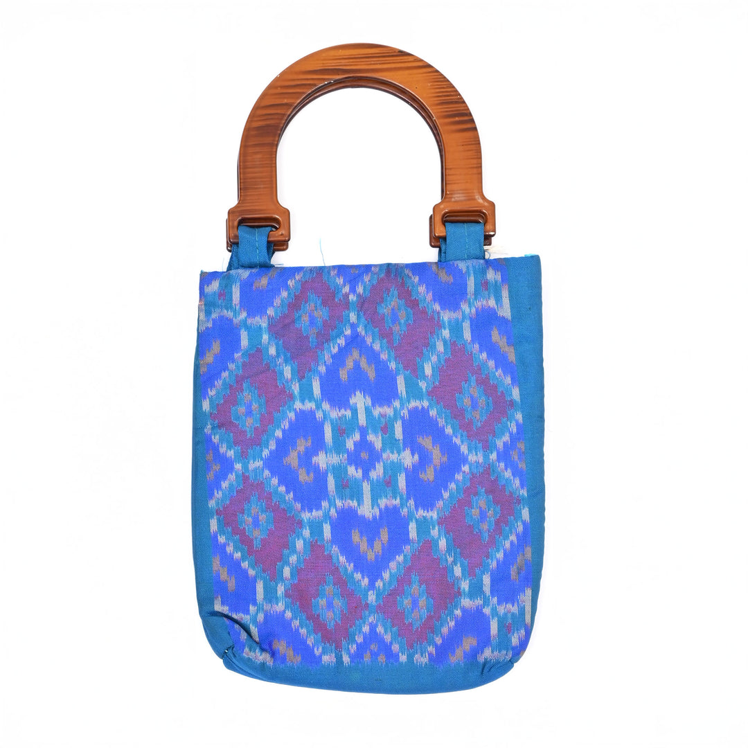 Artisanal Patola Silk Fabric Carry Bag - Blue Ikat Handwoven Tote
