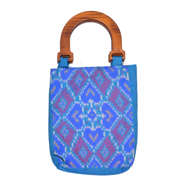 Artisanal Patola Silk Fabric Carry Bag - Blue Ikat Handwoven Tote