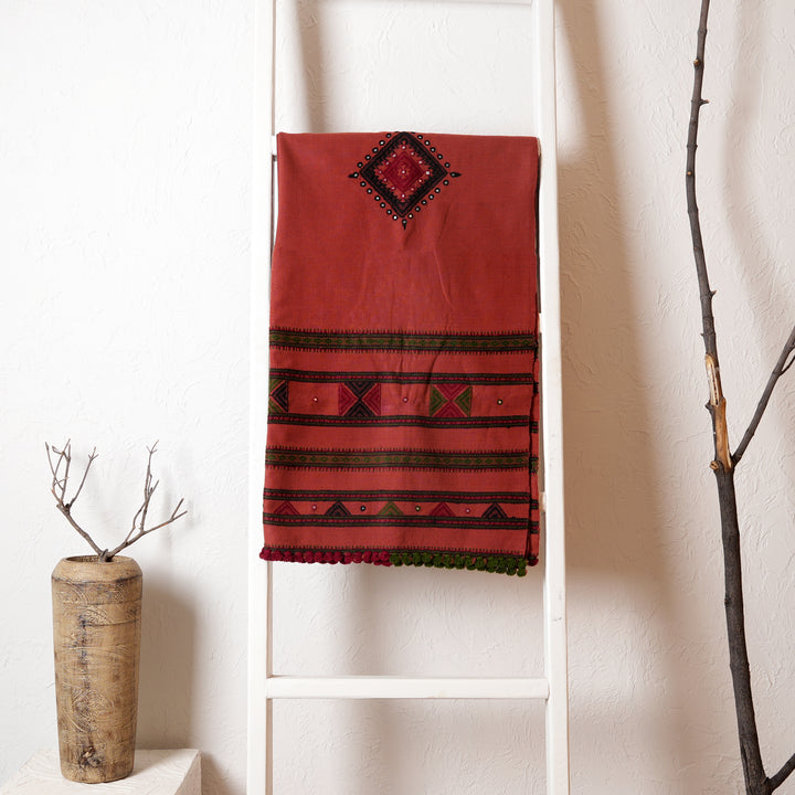 Handwoven Woolen Shawl in Rust Color | Kutch Artisanal Textile | Ethnic Winter Wrap | 80X38"