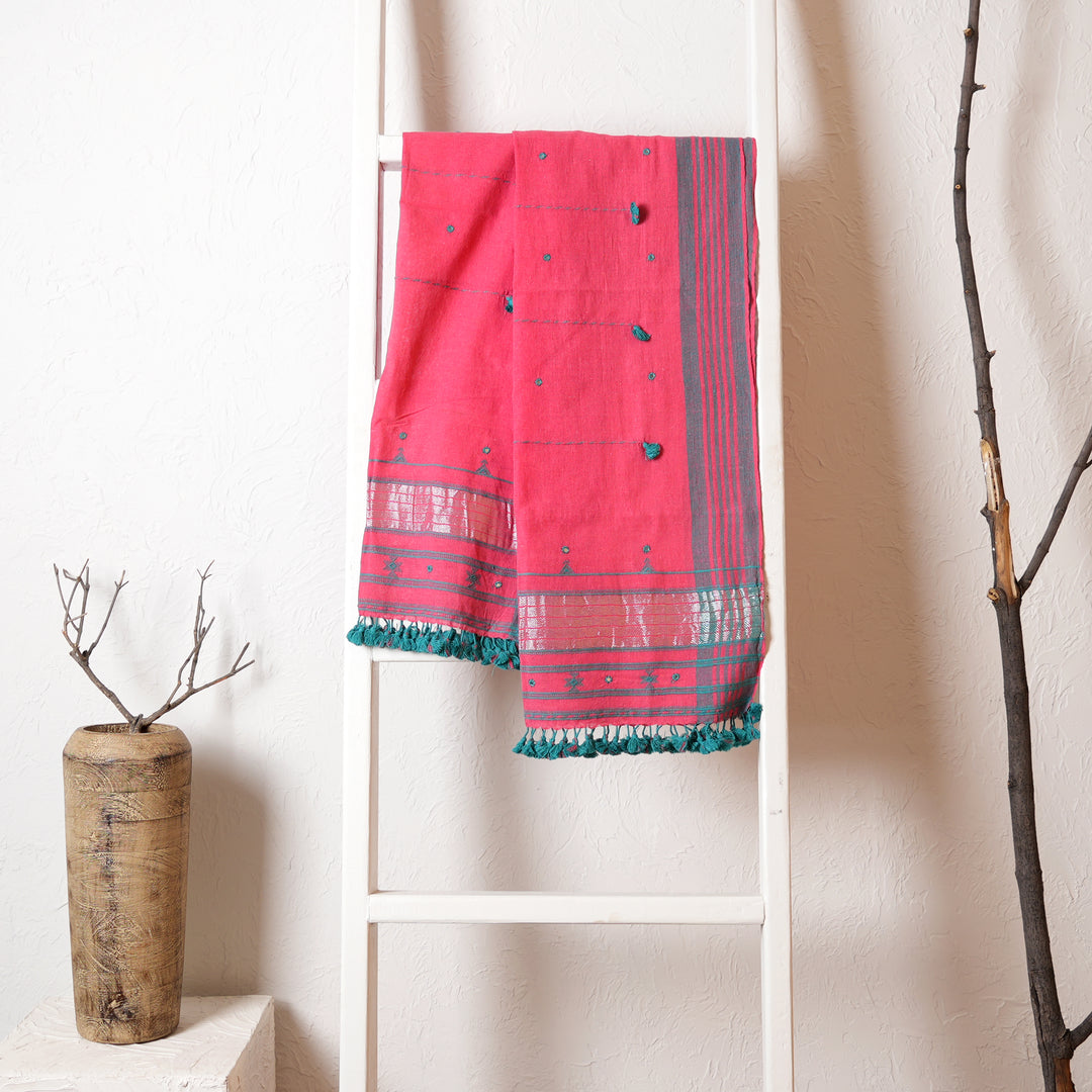 Traditional Kutch Cotton Stole | Handloom Woven in Green & Pink|80x23"