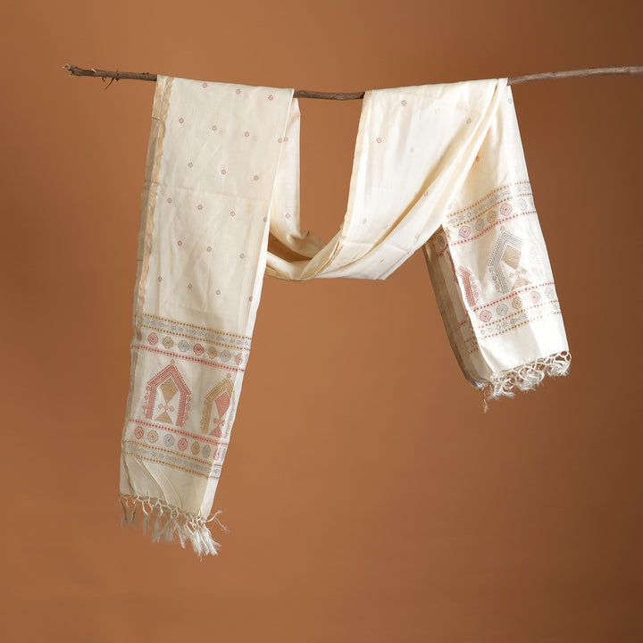 Tussar & Mulberry Silk Shawl | Off-White & Natural, Handwoven Elegance | 100X40"