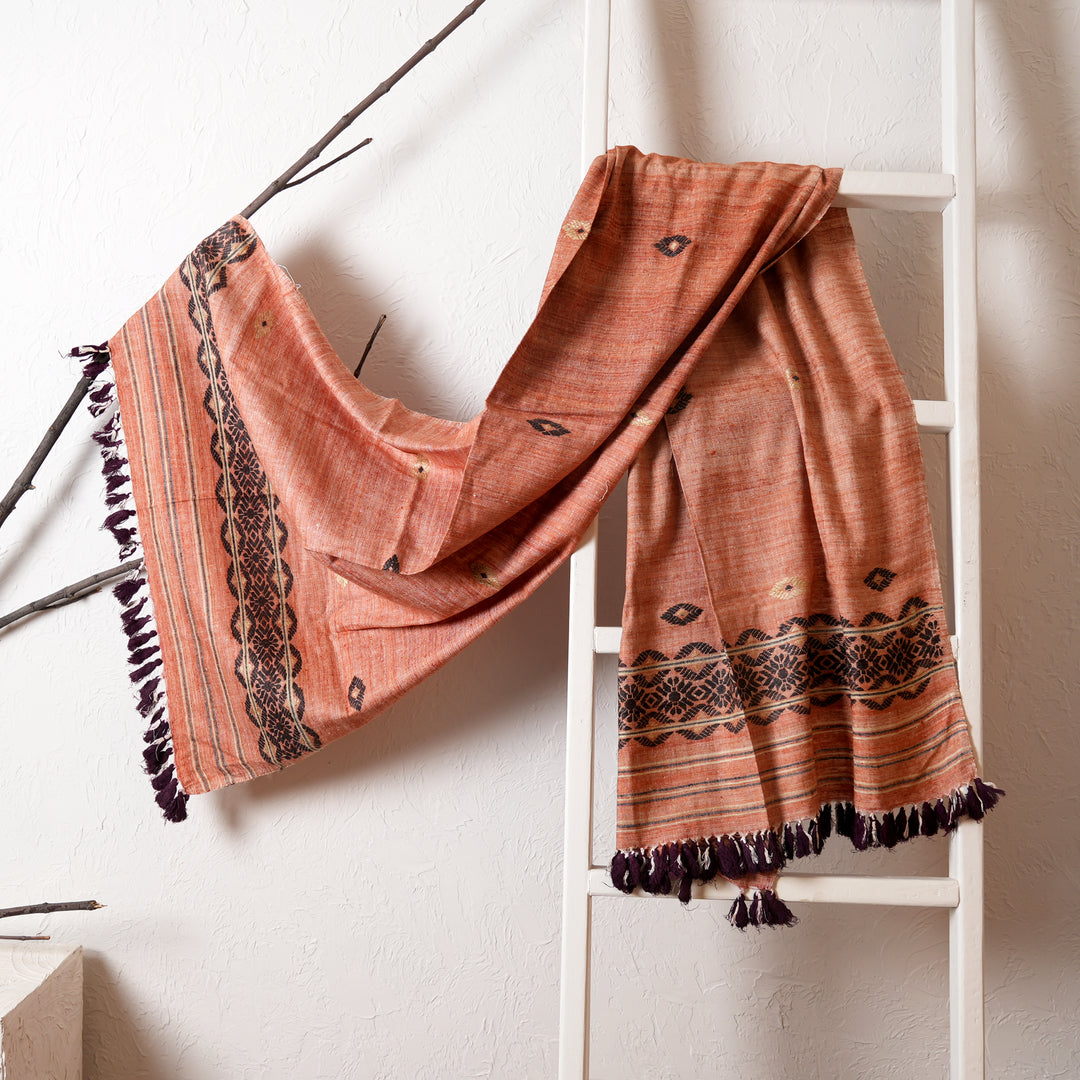 Peace Silk Dupatta | Artisan Made Eri Silk in Orange & Black with Muga Ghicha Work