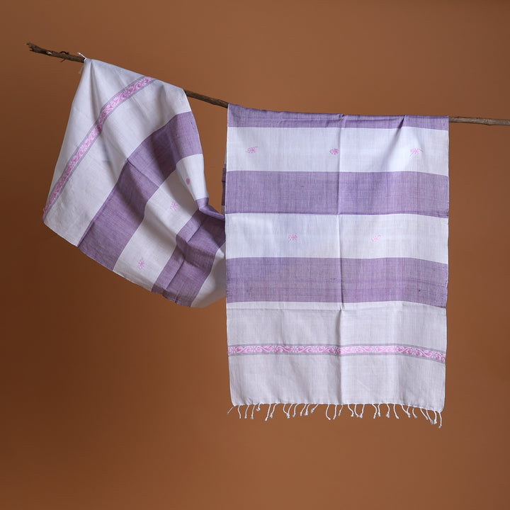 Handcrafted Cotton Stole | White & Purple Traditional Motifs (73"x20.5")
