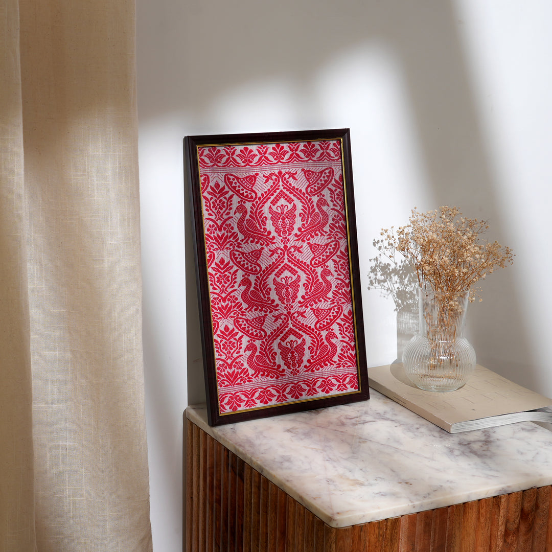 Handwoven Cotton Wall Frame | White Red Art Hanging