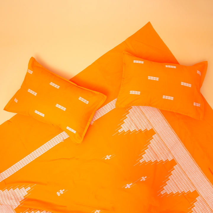Handwoven King|Size Bedsheet Set | Orange & White | Includes 2 Pillow Covers
