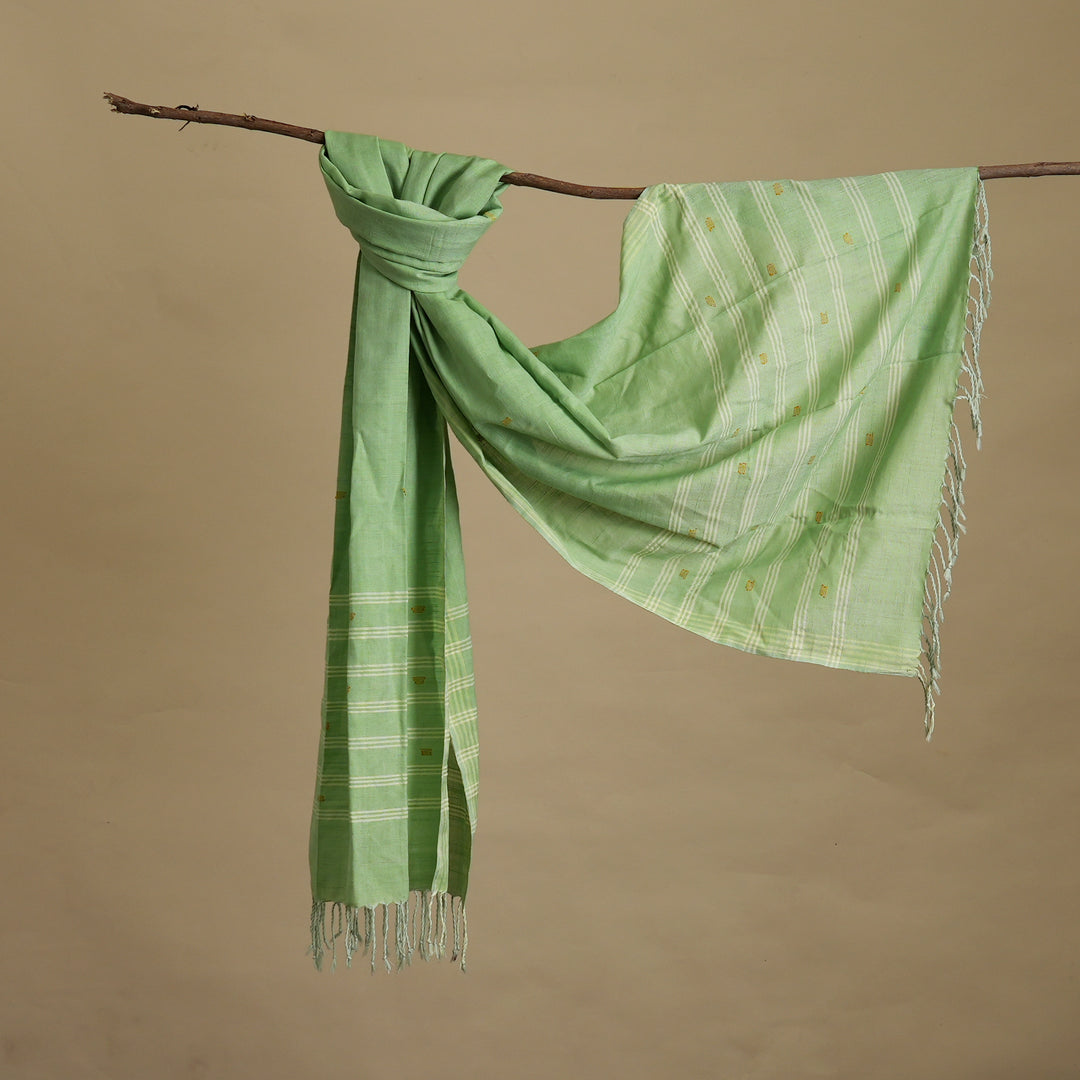 Handwoven Mint Green Cotton Stole | Lightweight Fringe Scarf Minimal Style