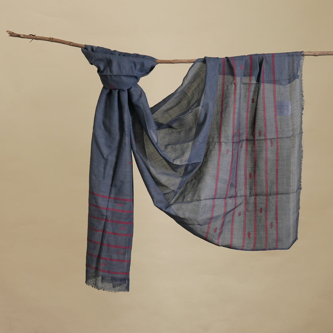 Handwoven Deep Indigo Cotton Stole | Traditional Crimson Stripe Design Scarf