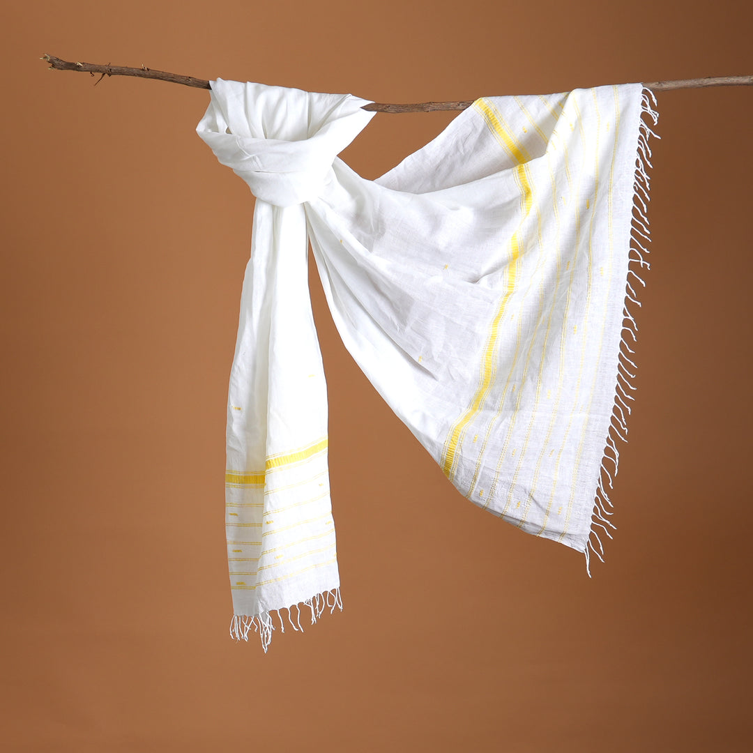 Handwoven White Cotton Stole | Yellow Stripe Thread Buti Traditional Scarf