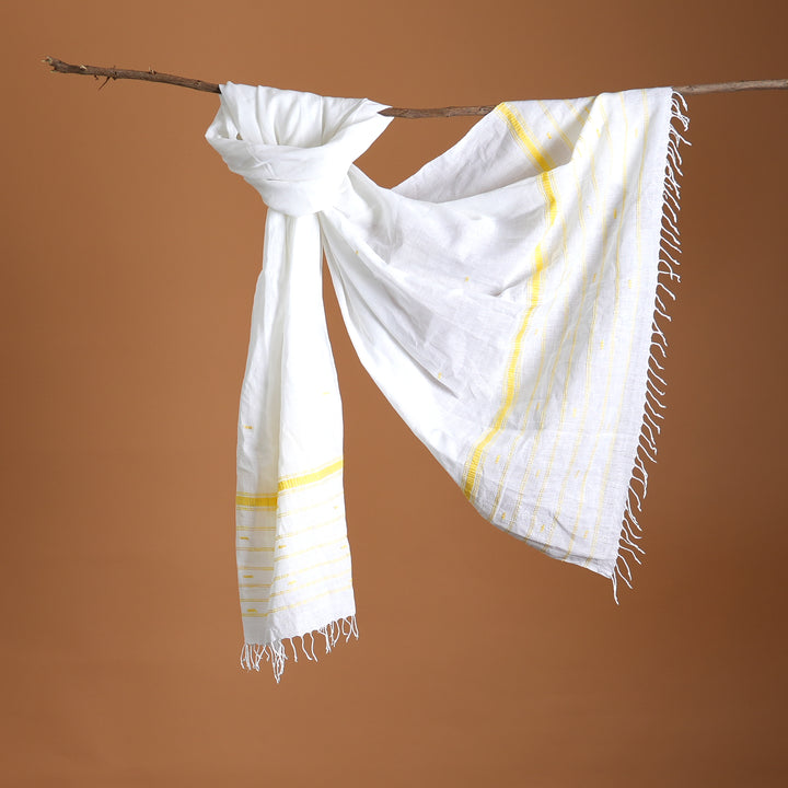 Handwoven White Cotton Stole | Yellow Stripe Thread Buti Traditional Scarf