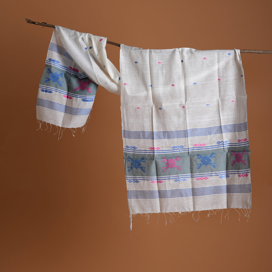 Artisan Jamdani Stole | Handspun Muslin & Silk | Traditional Woven Scarf