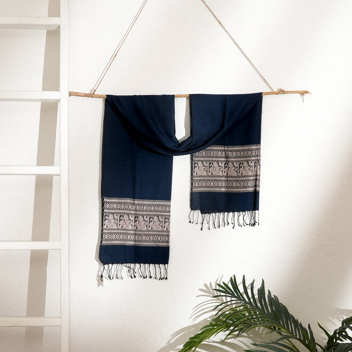 Cotton Baluchari Stole | Traditional Indigo Wrap 78"x24.5"