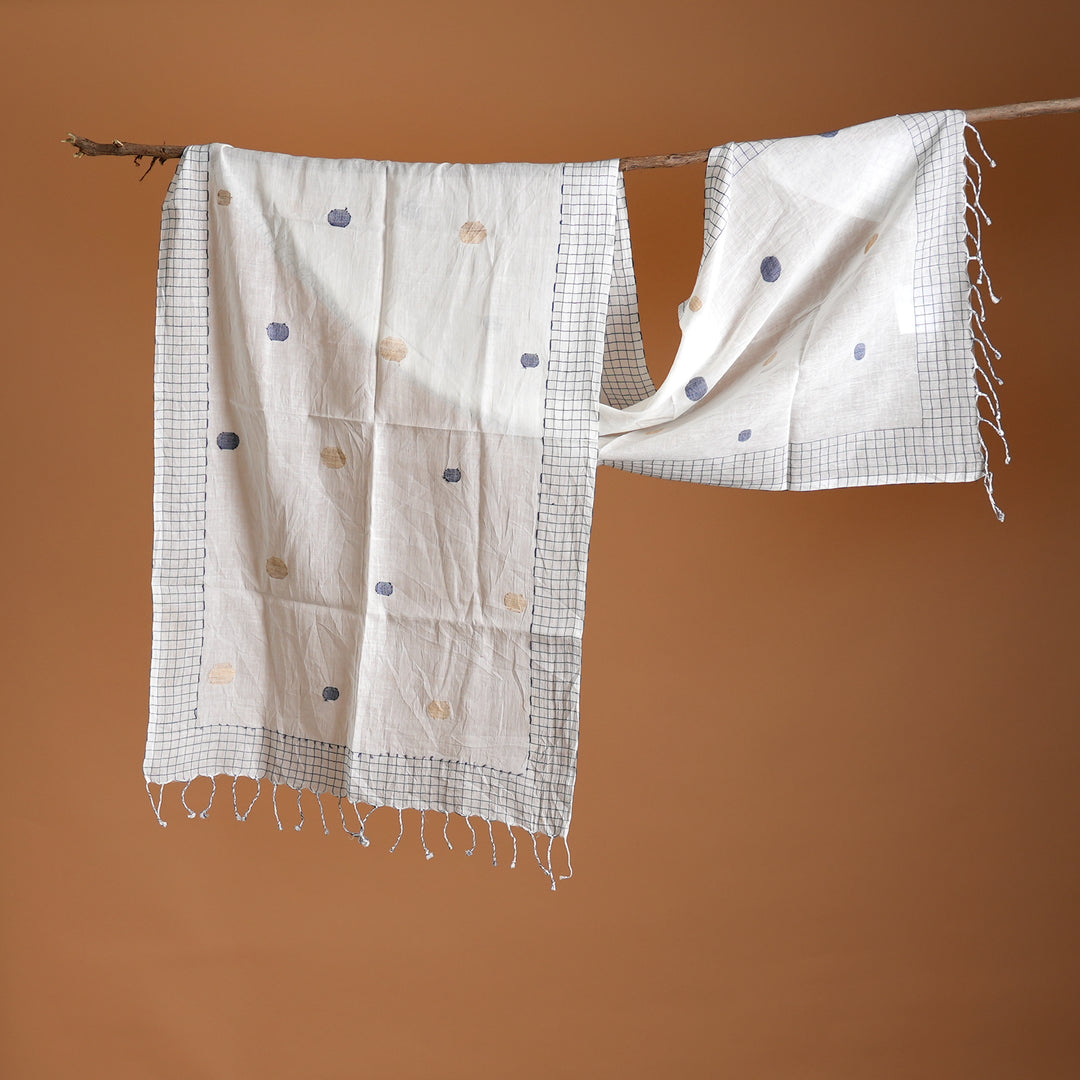 Cotton CK Ball Stole | White Blue Dotted Wrap 66"x20.5"